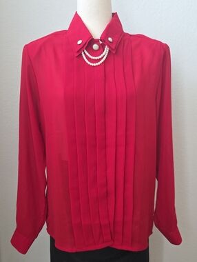 New Vintage Worthington JCP Red Pleated Ellen Secretary Blouse Pearl  Christmas